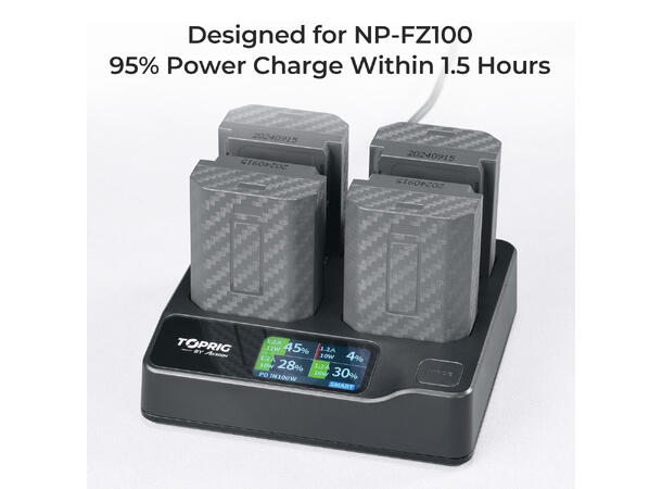 Accsoon TopRig 100W 4-Bay hurtiglader Fire NP-FZ100 batterier 