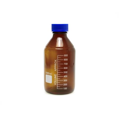 Brun glassflaske til fotokjemi 1000 ml Flaske til kjemi m/ blått lokk