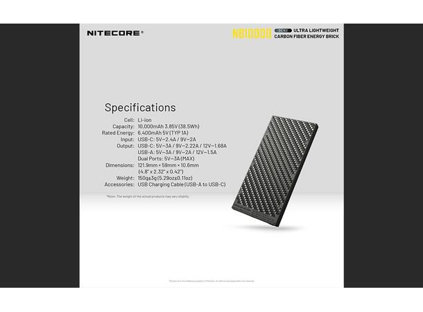 Nitecore NB10000 Powerbank Gen 2 10 000mAh. Solid, lett og kompakt. IPX5 