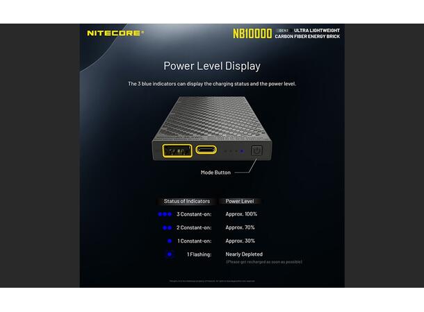 Nitecore NB10000 Powerbank Gen 2 10 000mAh. Solid, lett og kompakt. IPX5 