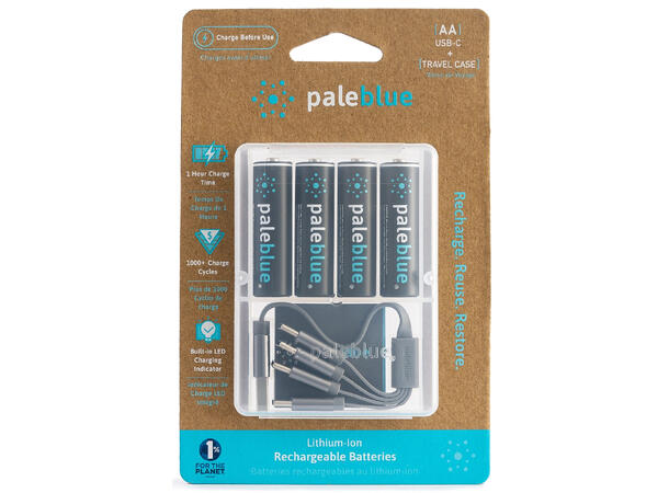 Pale Blue Li-Ion Rechargeable AA 4-pkn AA batteri m/ 4x1 ladekabel USB-C