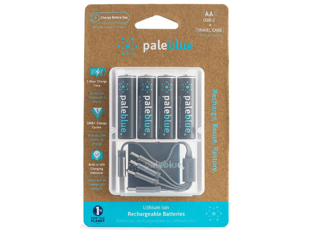 Pale Blue Li-Ion Rechargeable AA 4-pkn AA batteri m/ 4x1 ladekabel USB-C 