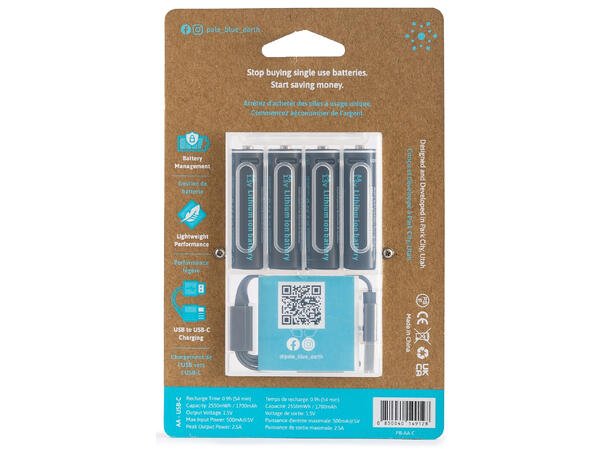 Pale Blue Li-Ion Rechargeable AA 4-pkn AA batteri m/ 4x1 ladekabel USB-C 