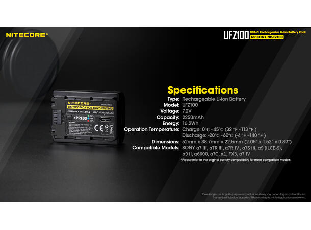 Nitecore UFZ100 NP-FZ100 USB-C Ladbar Sony NP-FZ100 med indikator 