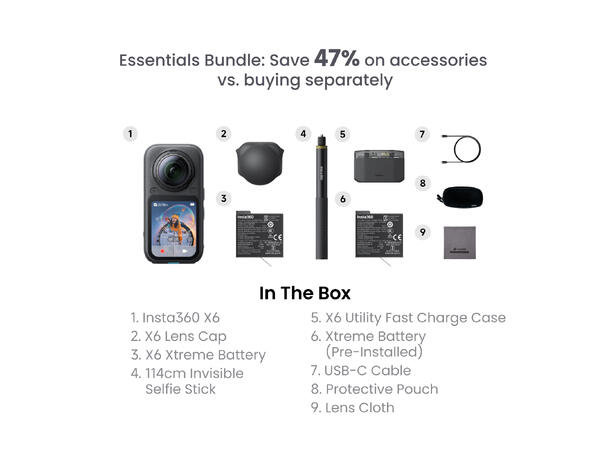 Insta360 X6 Essentials Bundle, Sort 8K 360° Actionkamera 
