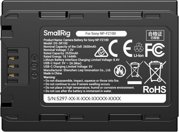 Smallrig 5297 USB-C batteri Sony FZ100 USB-C batteri for Sony NP-FZ100 
