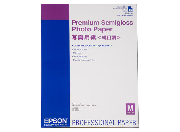 Epson A2 Premium Semigloss Photo Paper 25 stk, 250 gsm