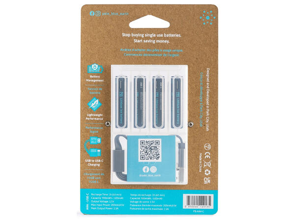 Pale Blue Li-Ion Rechargeable AAA 4-pkn AAA batteri m/ 4x1 ladekabel USB-C 