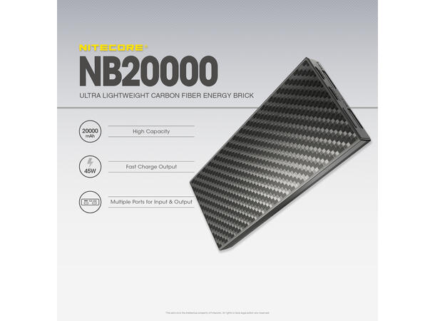 Nitecore NB20000 QC Powerbank 20 000mAh. Solid, lett og kompakt. IPX5