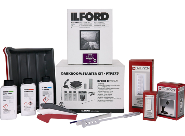 Ilford + Paterson Mørkerom startpakke Pakke med kjemi, tank og tilbehør