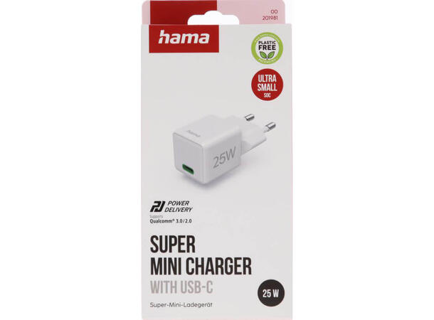 Hama Mini Fast Charger USB-C PD 25W Liten lader, stor kraft. Hvit 