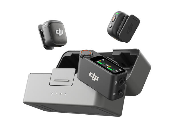 DJI Mic 3 (2 TX + 1 RX + Charging Case) to sendere, en mottaker, ladeetui 