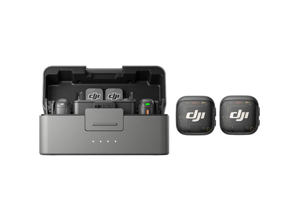 DJI Mic 3 (2 TX + 1 RX + Charging Case) to sendere, en mottaker, ladeetui 