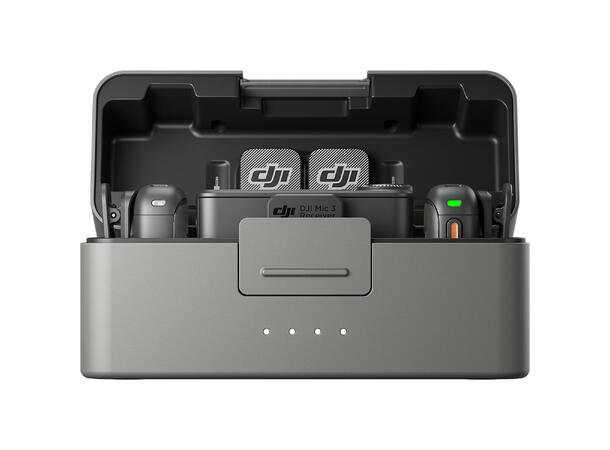 DJI Mic 3 (2 TX + 1 RX + Charging Case) to sendere, en mottaker, ladeetui 