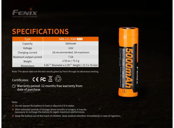 Fenix ARB-L21-5000 V2 21700 batteri 5000mAh batteri 