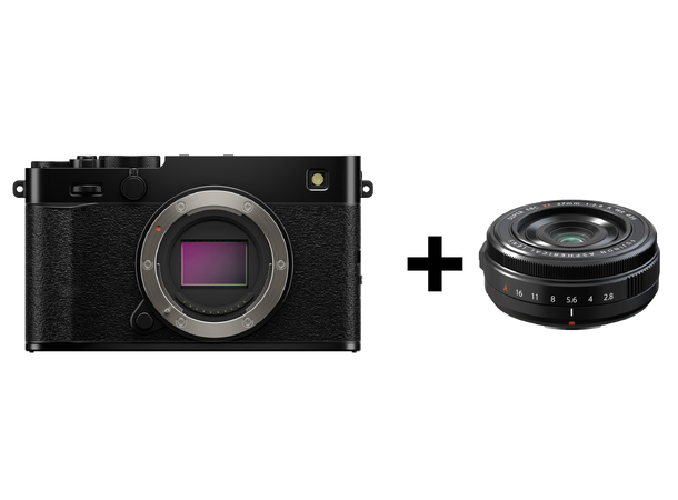 Fujifilm X-E5 sort, med XF 27mm f/2.8 WR Kompakt med IBIS og rå bildekvalitet 