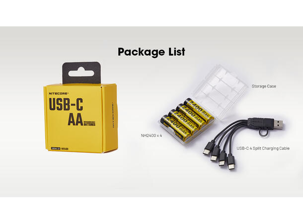 Nitecore 4x AA 1.5V USB-C oppladbare Lades m/ USB-C. 4 stk 1.5V AA. 