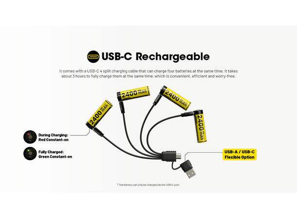 Nitecore 4x AA 1.5V USB-C oppladbare Lades m/ USB-C. 4 stk 1.5V AA. 