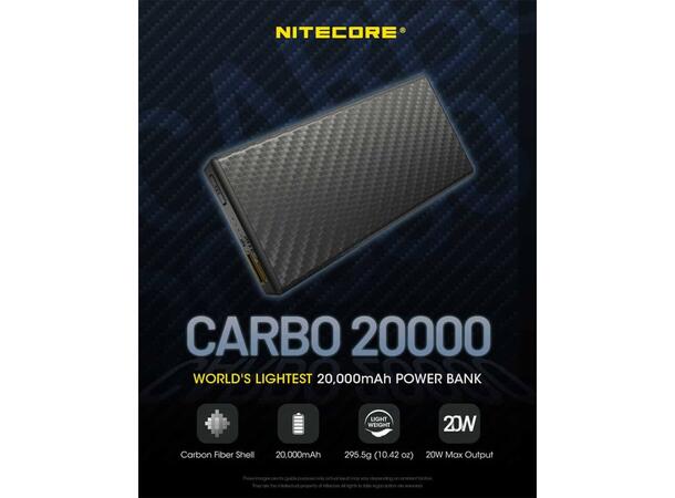 Nitecore Carbo 20000 Powerbank Verdens letteste 20 000mAh IPX5 295g