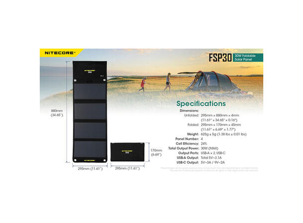 Nitecore FSP30 30W Brettbart Solpanel 30W, 1x USB-C, 2xUSB-A, kompakt 