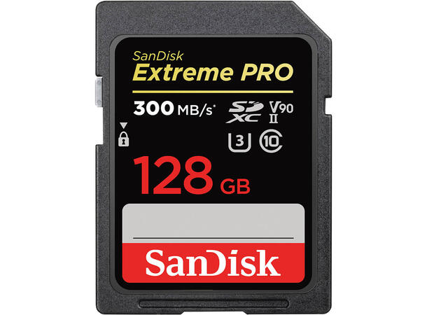 Sandisk SDXC Extreme Pro 128 GB 300MB V90, 300 MB/s lese og 260 MB/s skrive