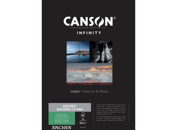 Canson Arches Aquarelle Rag A3 25 ark (Pure White), 310 gsm 