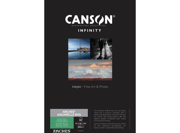 Canson Arches Aquarelle Rag A3+ 25 ark (Pure White), 310 gsm 